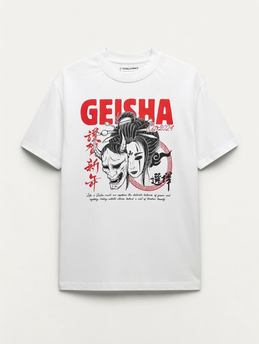 Geisha T-Shirt Weiß | Graphic Tee aus 100% Baumwolle